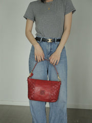 Red Genuine Leather Woven Shoulder Bag Zip Woven Leather Shoulder Bag Womens 