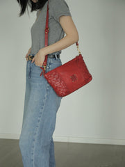 Red Genuine Leather Woven Shoulder Bag Zip Woven Leather Shoulder Bag Womens 