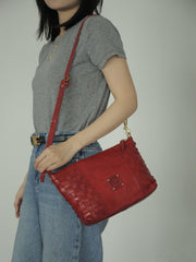 Red Genuine Leather Woven Shoulder Bag Zip Woven Leather Shoulder Bag Womens 