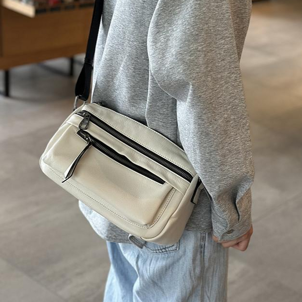 White Satchel Bag Zipper Leather Camera Crossbody Bag Purse Womens 