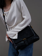 Black Full Grain Leather Satchel Shoulder Bag Purse For Ladies