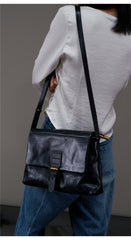 Black Full Grain Leather Satchel Shoulder Bag Purse For Ladies