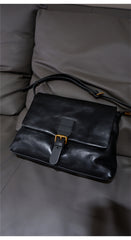 Black Full Grain Leather Satchel Shoulder Bag Purse For Ladies