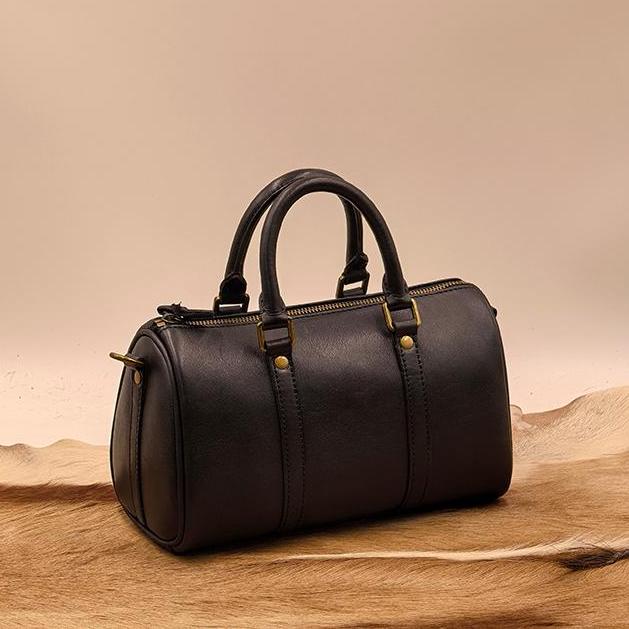 Women's Small Leather Boston Bag Black Leather Satchel Handbag 