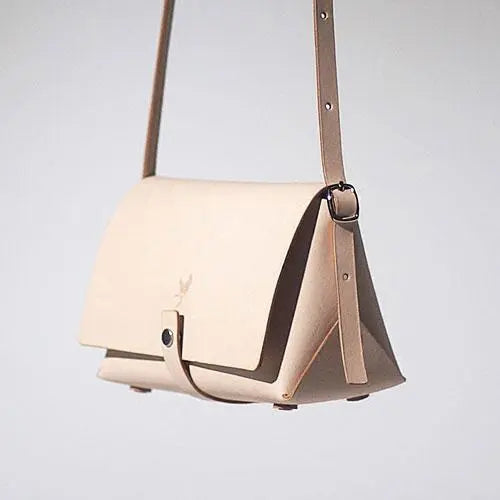 Beige Full Grain Leather Triangle Mini Crossbody Bag