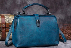 Handmade Blue Leather Handbag Vintage Doctor Bag Shoulder Bag Purse For Women