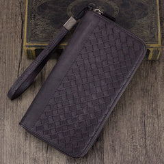 Leather Woven Long Zip Around Card Holder Wallet Purse