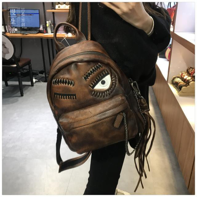 cute small brown leather backpack Cute Eyelid Genuine Leather Zip Bookbag Backpack Bags For Women – iLeatherhandbag