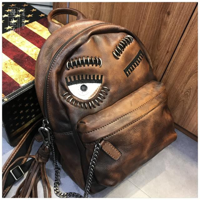 cute brown leather backpack Cute Eyelid Genuine Leather Zip Bookbag Backpack Bags For Women – iLeatherhandbag