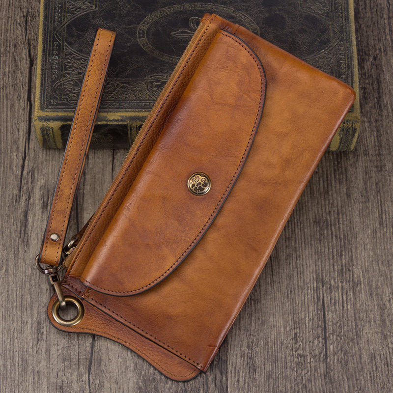 Women's Distressed Leather Long Checkbook Wallet Purse