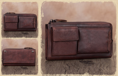 Distressed Leather Long Zipper Pocketbook Wallet Purse - iLeatherhandbag