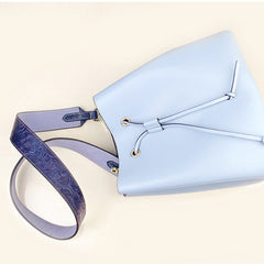 Flora Blue Leather Drawstring Bucket Bag Womens Bucket Bag Purse