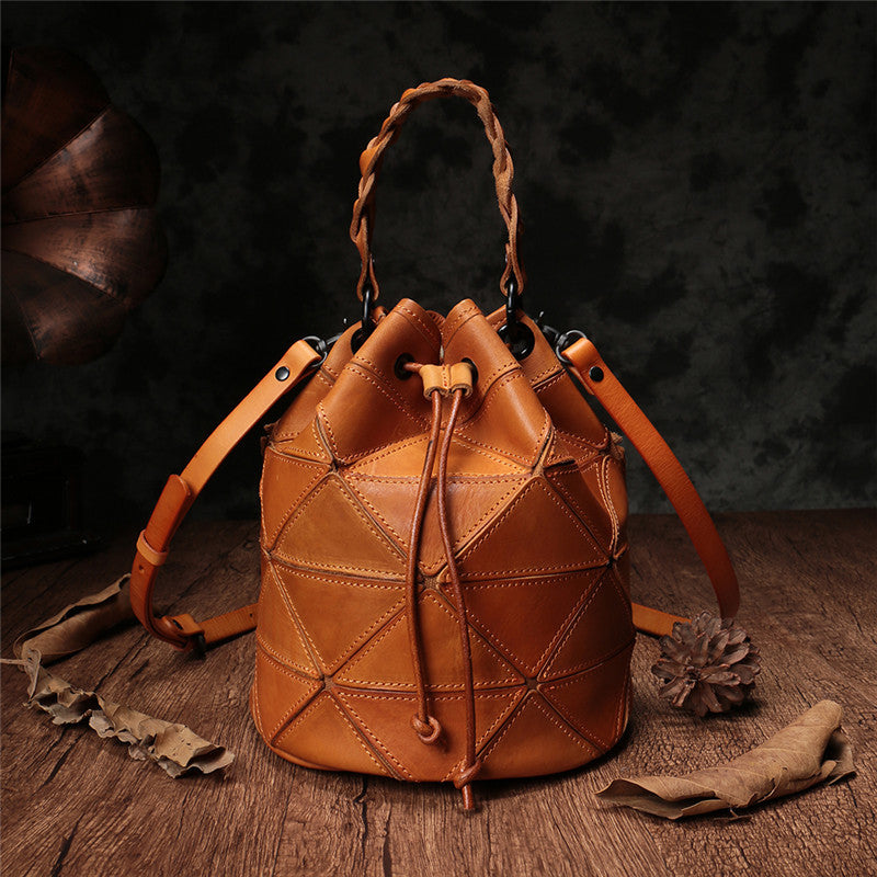 bucket backpack purse leather Genuine Leather Patchwork Drawstring Bucket Bag Purse – iLeatherhandbag