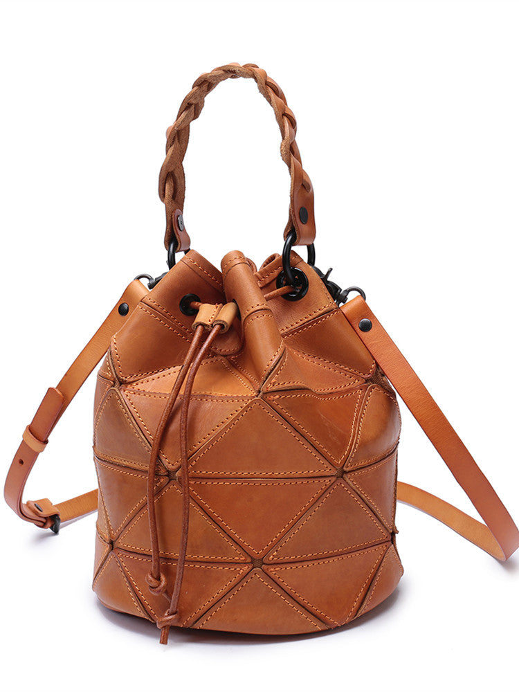 bucket backpack purse leather Genuine Leather Patchwork Drawstring Bucket Bag Purse – iLeatherhandbag