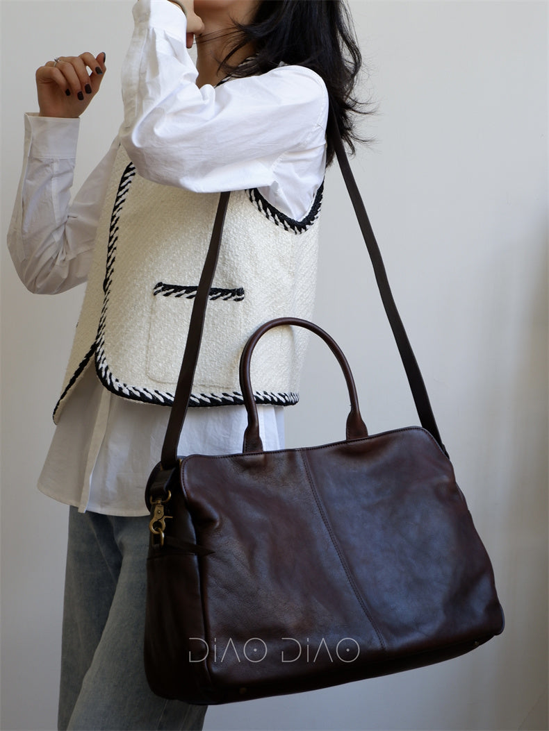 18"Cowhide Leather Laptop Briefcase Tote