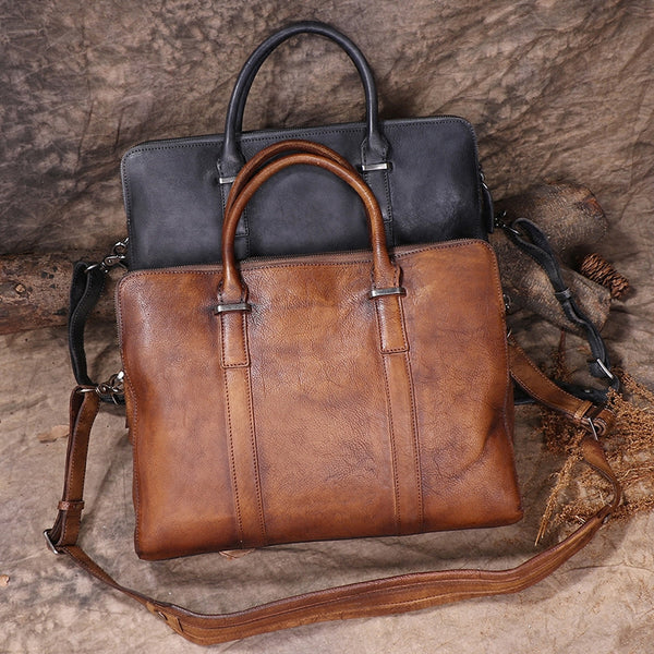 Mens Distressed Leather 15" Laptop Double Zipper Briefcase Purse Bag