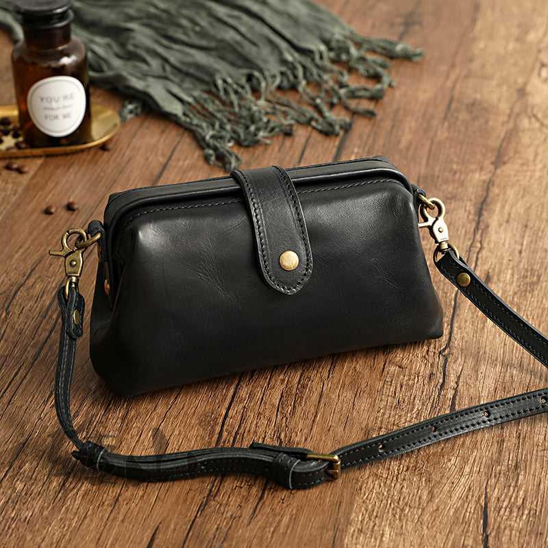 Leather Doctor Bag for Women Black Leather Handbag Top 