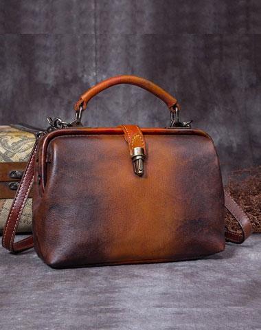 Handmade Coffee&Tan Leather Vintage Doctor Bag Shoulder Bag Purse For Women