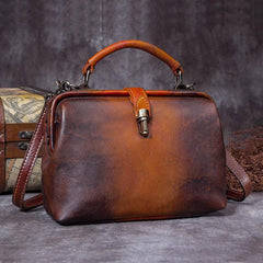 Handmade Tan Leather Handbag Vintage Doctor Bag Shoulder Bag Purse For Women