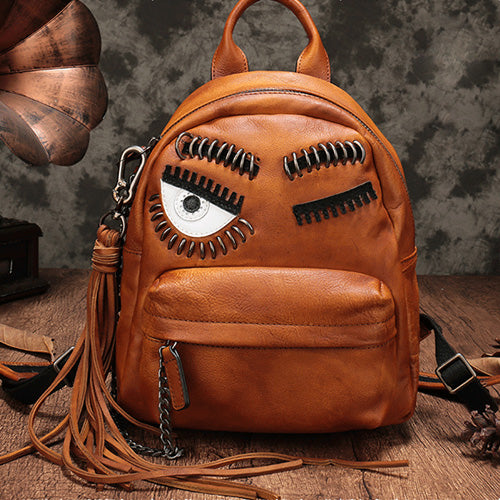 cute brrown leather backpack Cute Eyelid Genuine Leather Zip Bookbag Backpack Bags For Women