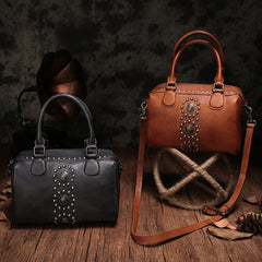 Distressed Leather Rivet Boston Bag Purse For Women