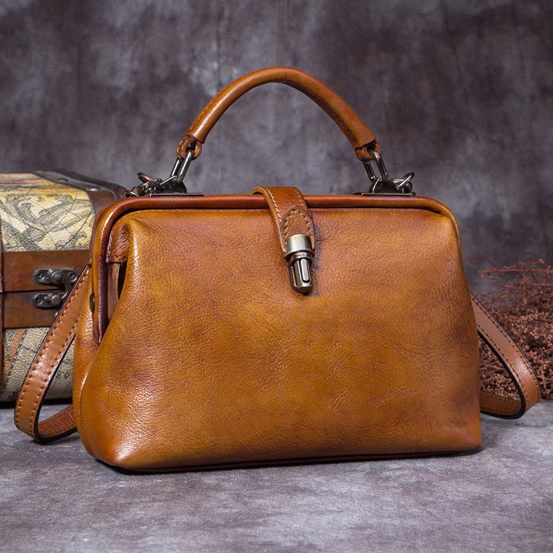 Small Vintage Leather Doctor Style Handbag Dr Bag Purse