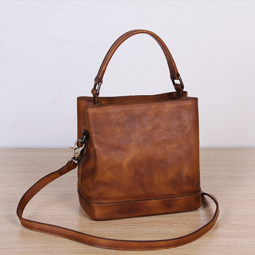 WMNS Distressed Leather Wide Strap Crossbody Bag - Brown