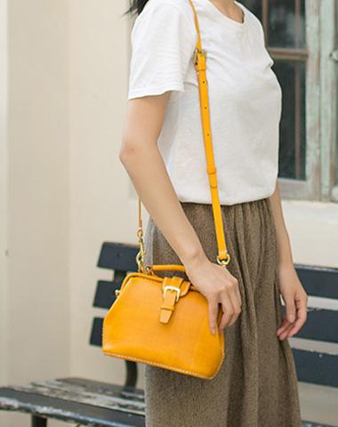 Handmade Womens Yellow Leather Small doctor Purse Yellow shoulder doctor bags for women