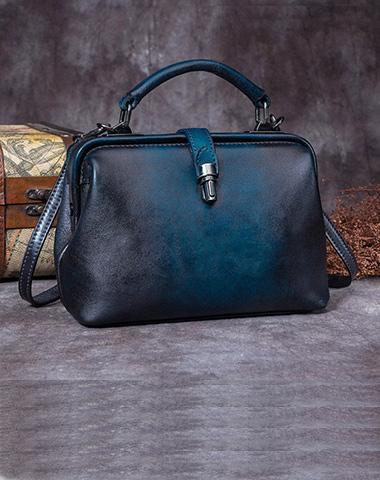 Handmade Dark Blue Leather Handbag Vintage Doctor Bag Shoulder Bag Purse For Women - iLeatherhandbag